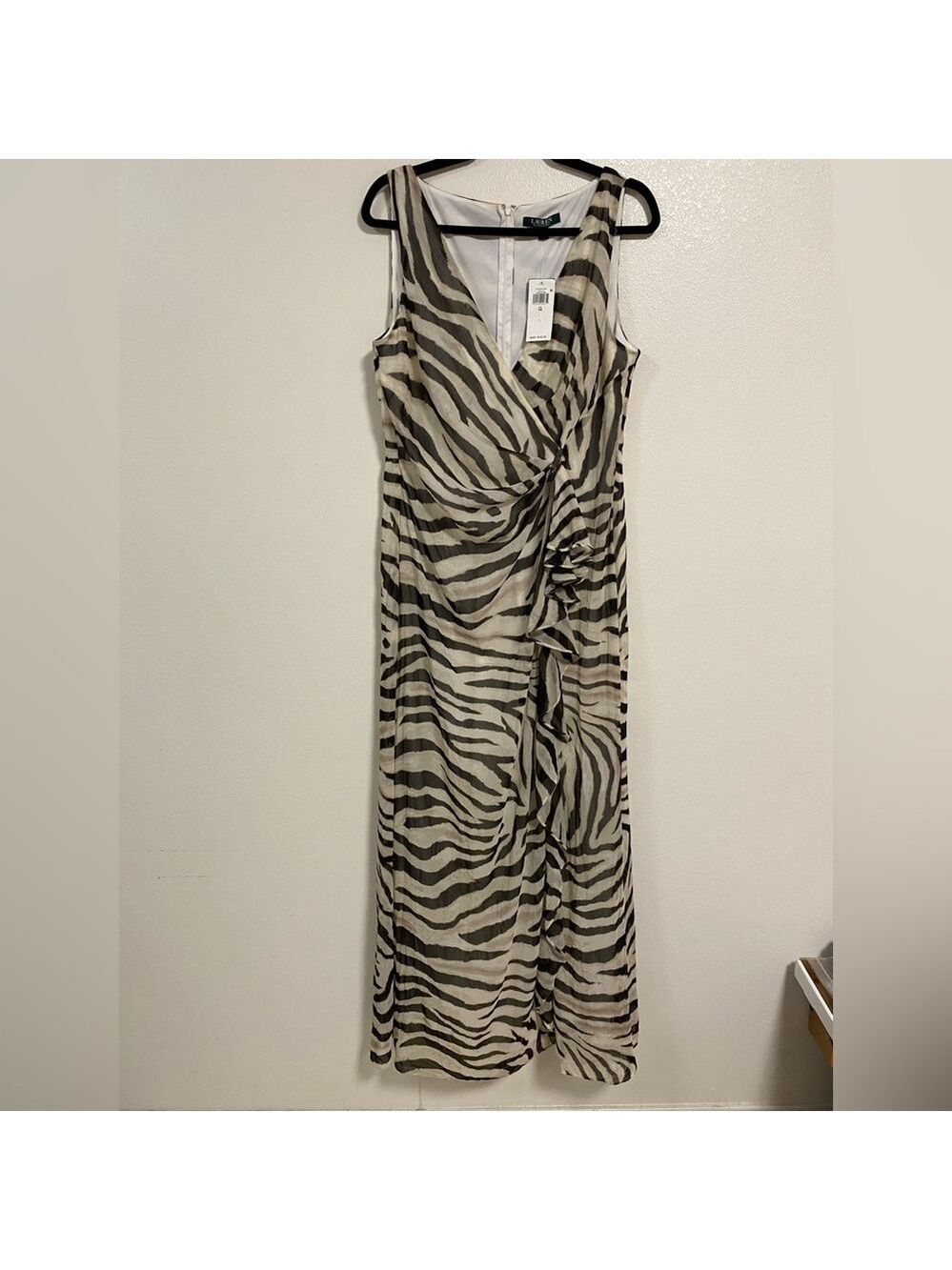 Lauren Ralph Lauren Dress Womens Size 14 Cream Brown Animal print Midi Dress NWT